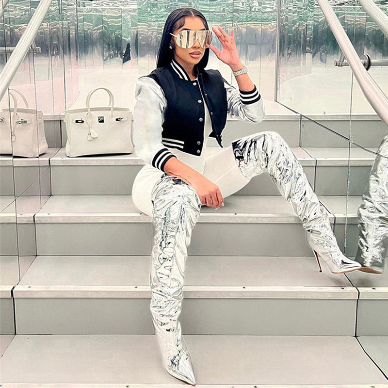 Color Block Short PU Leather Baseball Coat GSZM K23TP377