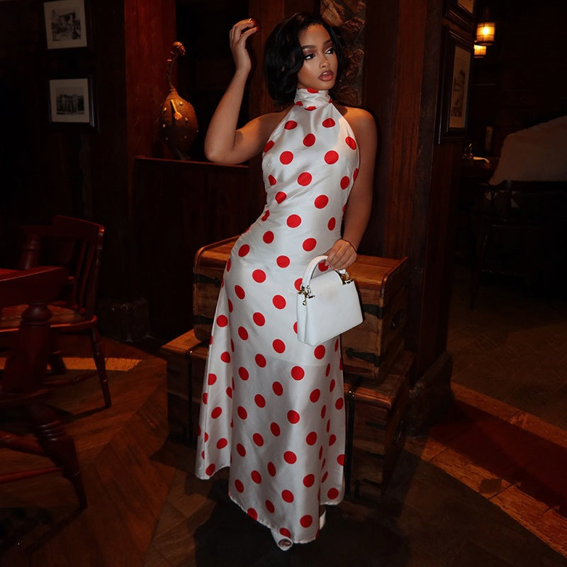 Sleeveless Polka Dot Printed Halterneck Maxi Dress DLSF K6D16498A