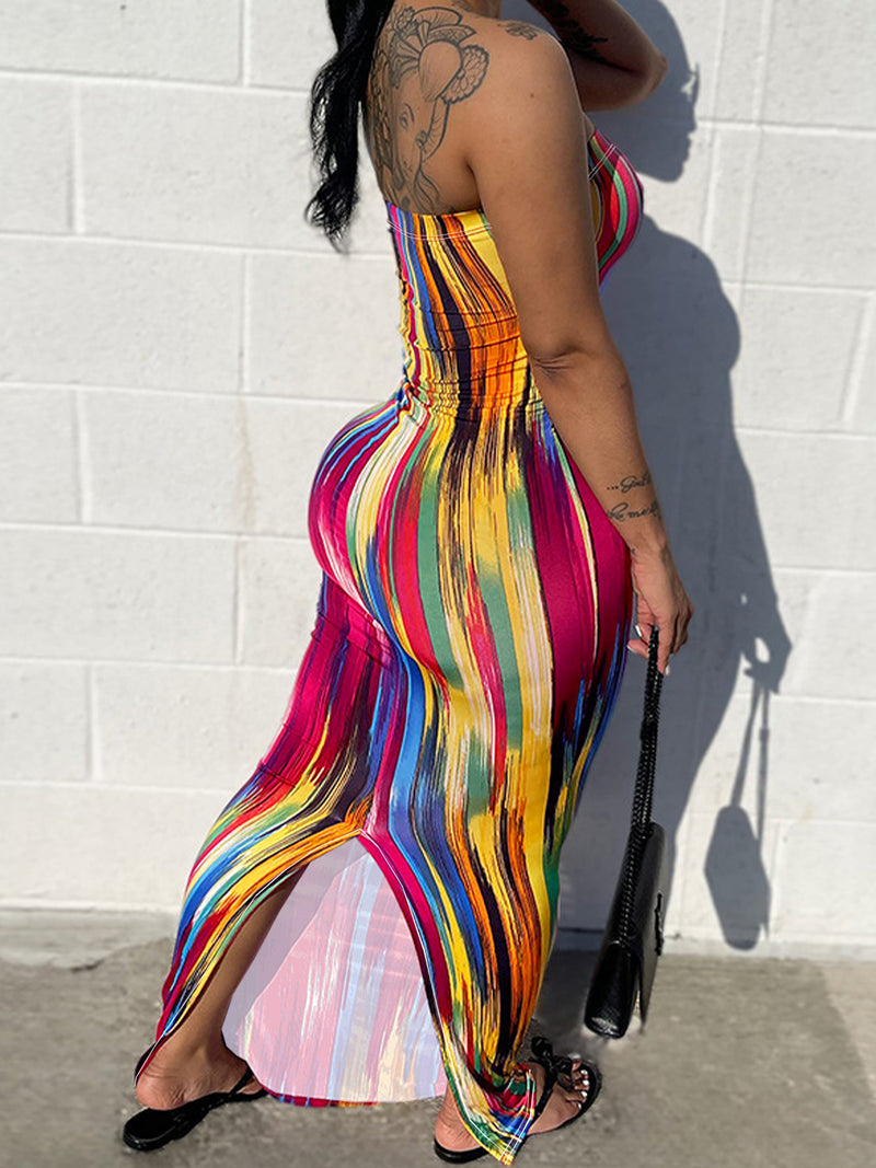 Print Slim Wrap Chest Maxi Dress BMF HY009