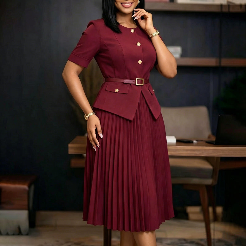 Plus Size Solid Color Patchwork Press Pleated Midi Dress GATE 633