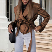 Long Sleeve Tie Up Leather Coat GPBY CT8221