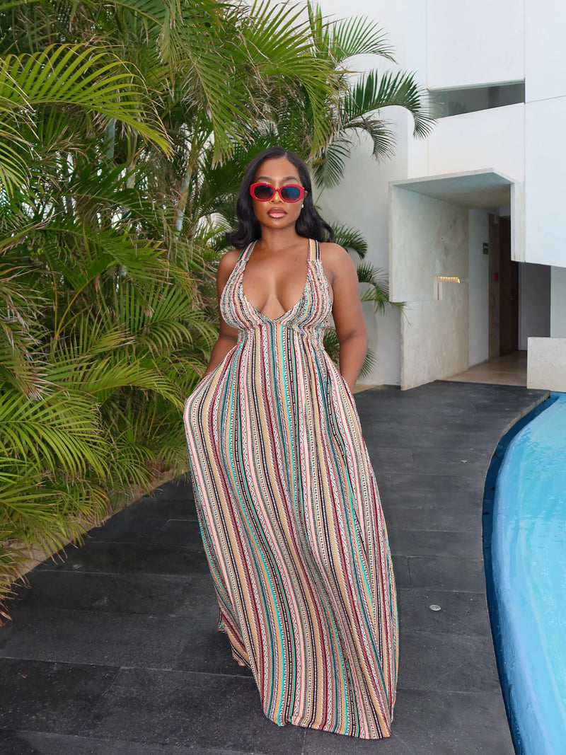 Colorful Stripe Print Tie Up Maxi Dress SFY 750