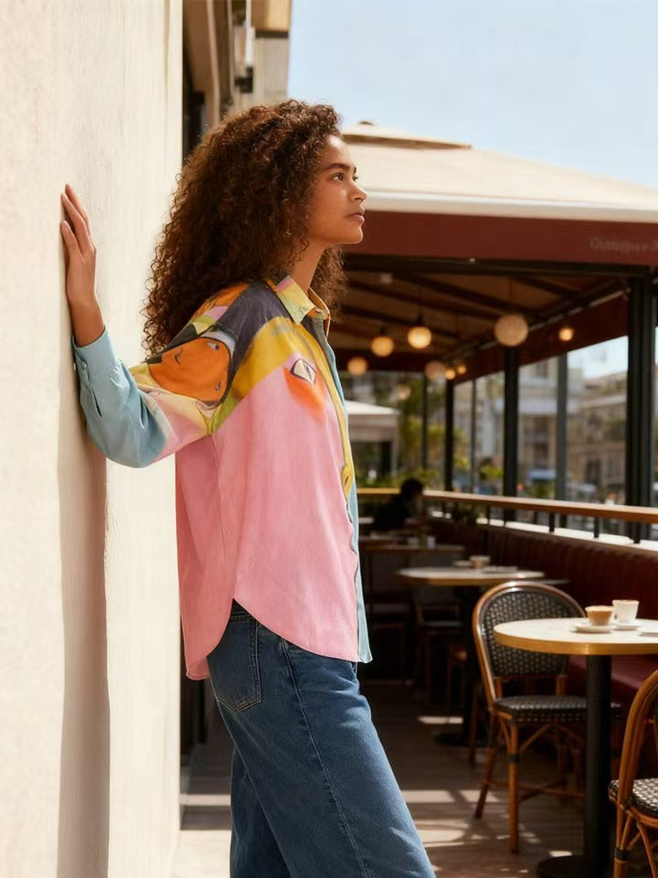 Color Block Print Long Sleeve Shirt GJMF 97823