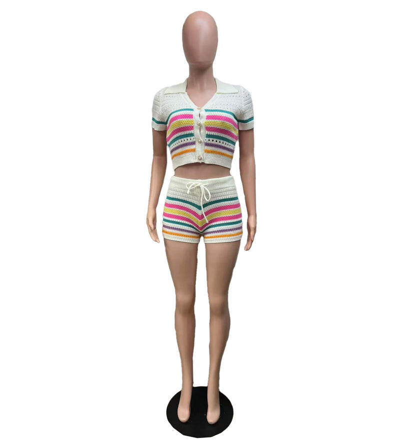 Stripe Knits Two Piece Shorts Set QXTF 83028