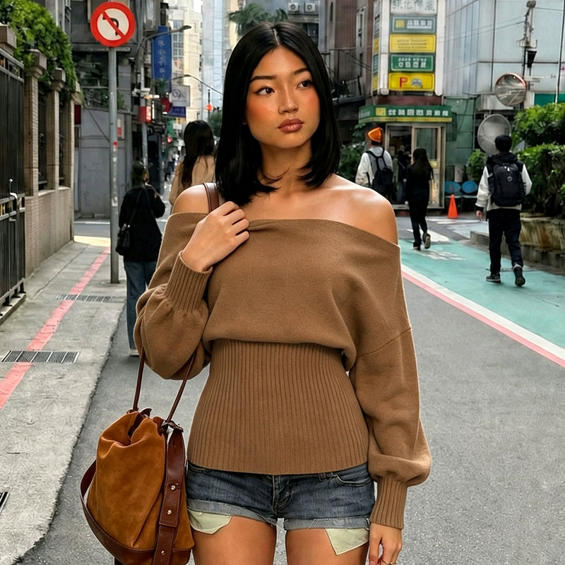 Off Shoulder Bat Sleeve Sweater GPKJ MR50396
