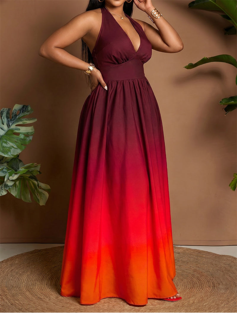 V Neck Gradient Color Maxi Dress GYLY 11264