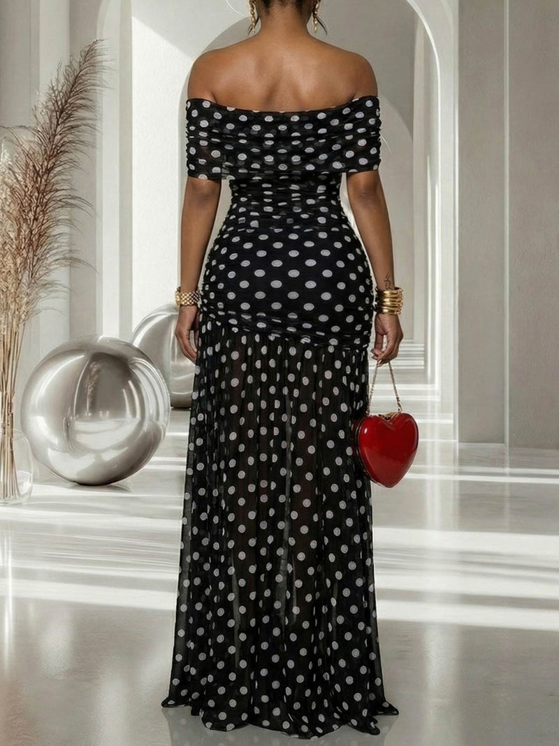 Polka Dot Mesh Slit Maxi Dress AIL 364