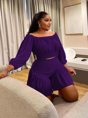 Plus Size Pleated One Shoulder Two Piece Short Set NNWF 8067