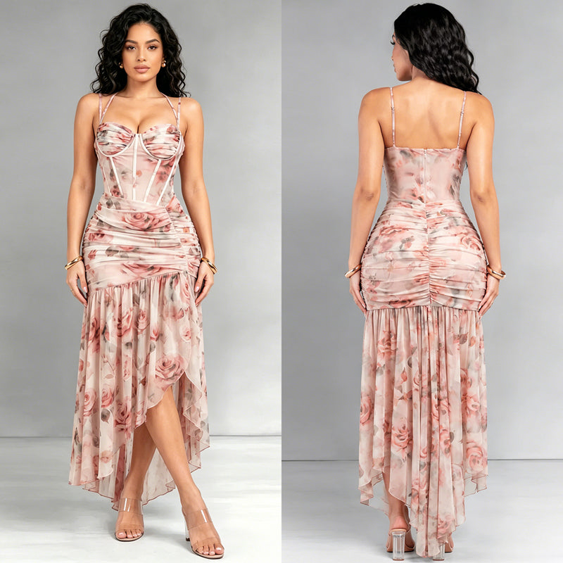 Floral Print Halterneck Mesh Evening Dress BY 7753