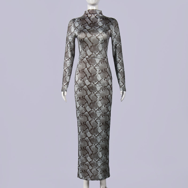 Retro Snake Patterned Ice Silk Maxi Dress GNZD 11814