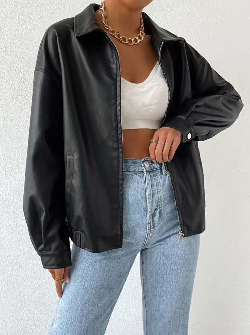Long Sleeve Lapel Zipper Leather Jacket GPBY CT16412