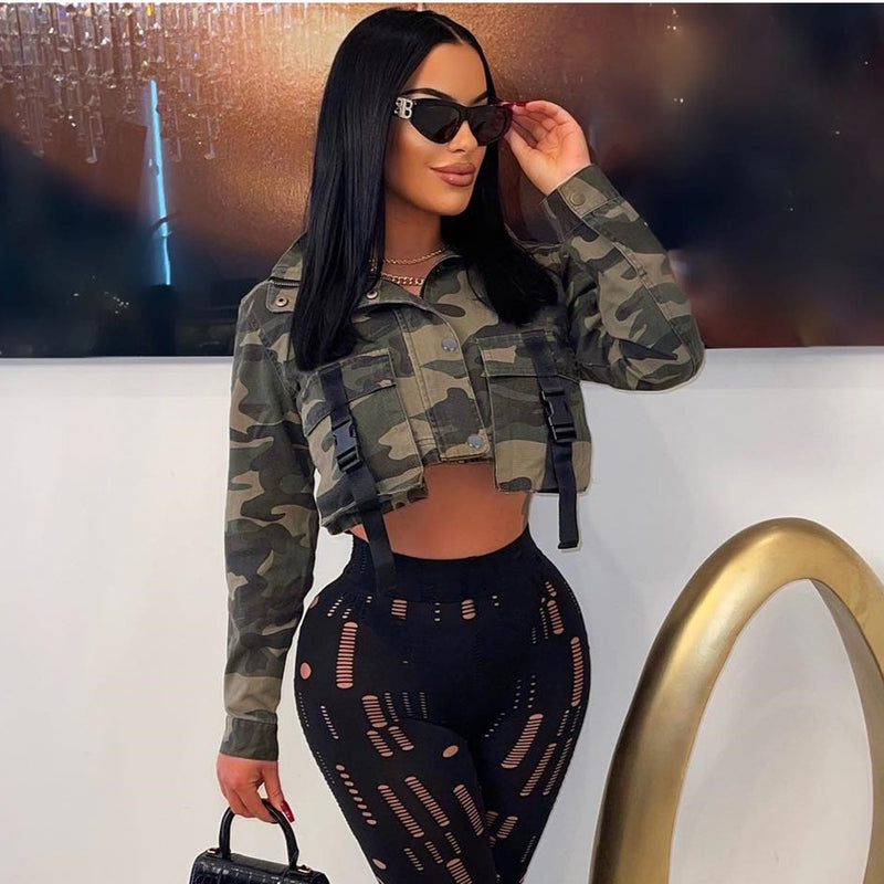 Tie Up High Collar Camouflage Coat GNZD 7831TG