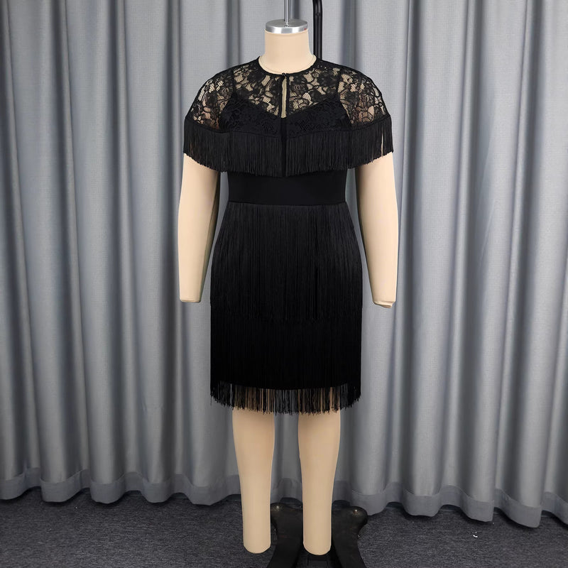 Plus Size Lace Patchwork Tassel Shawl Sling Dress 2 Piece Set GKEN AST051076