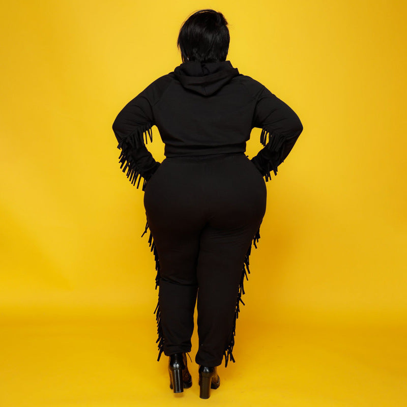 Plus Size Solid Color Hooded Tassel Two Piece Pants Set OSIF 21278