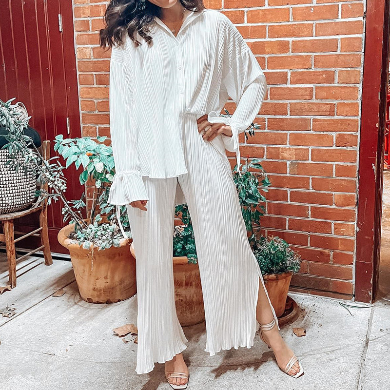 Solid Color Long Sleeve Split Shirt Pants Two Piece Set GYSM W0513