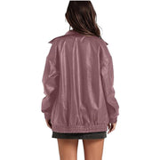 Long Sleeve Collared Zipper PU Leather Jacket GYOU CX830