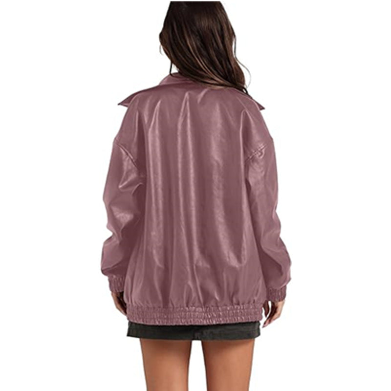 Long Sleeve Collared Zipper PU Leather Jacket GYOU CX830