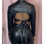 PU Leather Backless Tie Knot Long Sleeve Top LSD 81096