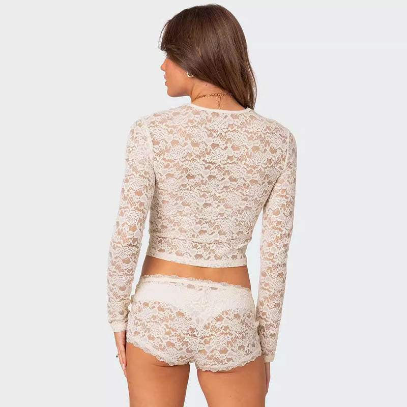 Lace Long Sleeve Shorts T Shirt GPBY 15794