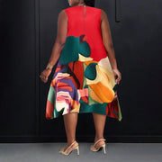 Plus Size Contrast Color Print Sleeve Midi Dress NNWF 6071