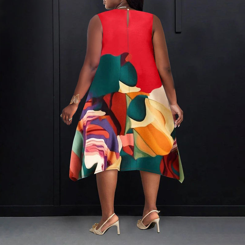 Plus Size Contrast Color Print Sleeve Midi Dress NNWF 6071