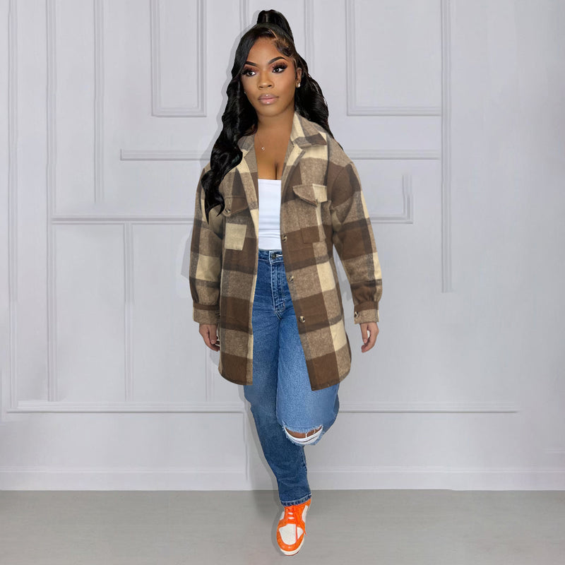 Plus Size Loose Plaid Mauney Long Sleeve Shirt Coat YIM 370