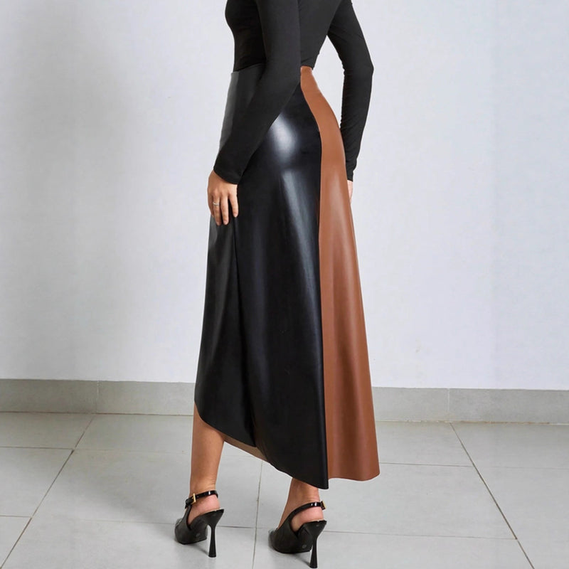PU Color Blcok Zipper Long Skirt GPBY SK733