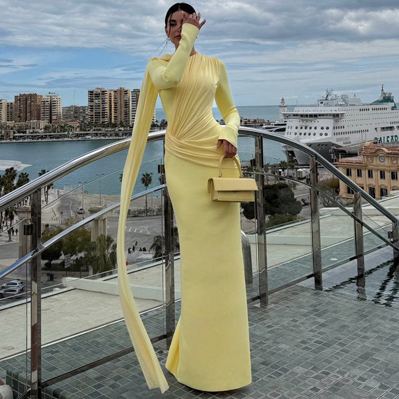 Solid Color Long Sleeve Ruched Maxi Dress DLSF K6D15241A