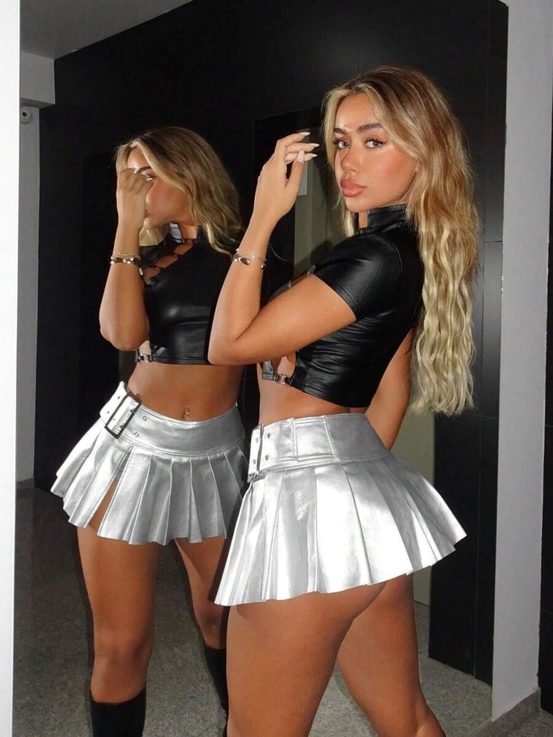 Fashion Pleates PU Leather Mini Skirts ANDF 2434