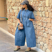 Short Sleeve Single Breated Button Denim Jumpsuit GAKF 60211
