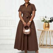 Plus Size Lapel Short Sleeve Tie Up Midi Dress GCZF 8662