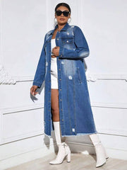 Fashion Holes Long Sleeve Denim Long Coat LX 6017