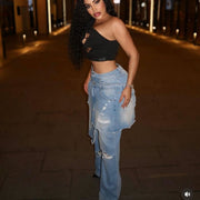 Fashion Apron Ripped Straight Leg Jeans MEM 88661