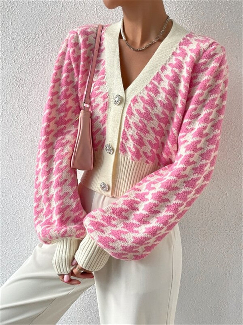 Houndstooth Patterned Knit Cardigan Coat GZYF 1087