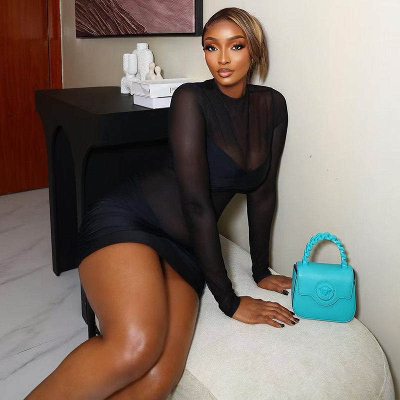 Mesh Long Sleeve Ruched Mini Dress GJYO JD305329