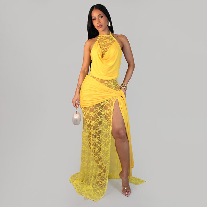 Lace Patchwork Halterneck Split Maxi Dress GDSF D26DS201