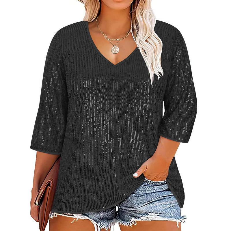 Plus Size Casual Sequin V Neck T Shirt GOSD 1554