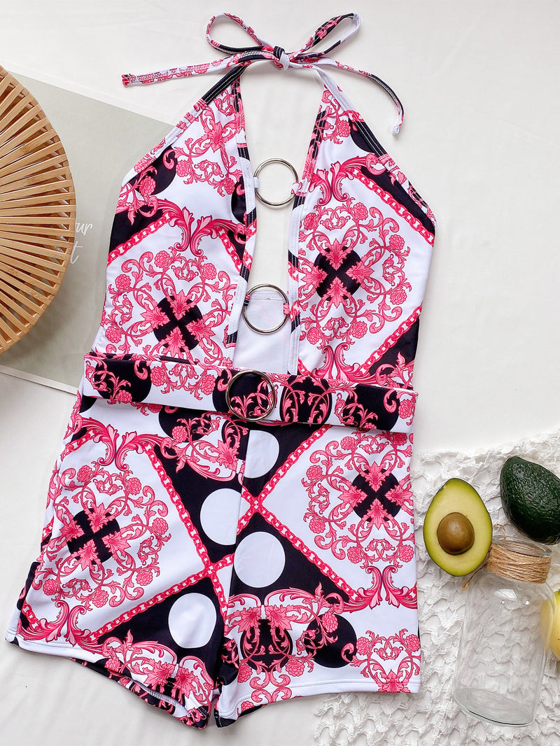 Sexy Print Hollow Round Ring One Piece Swimsuit CSYZ B93