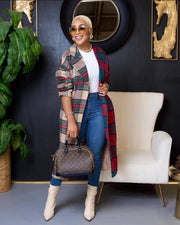 Plaid Color Blocking Long Sleeve Long Coat ZDF 31303