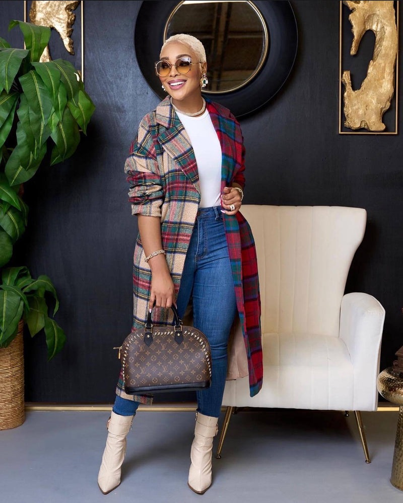 Plaid Color Blocking Long Sleeve Long Coat ZDF 31303