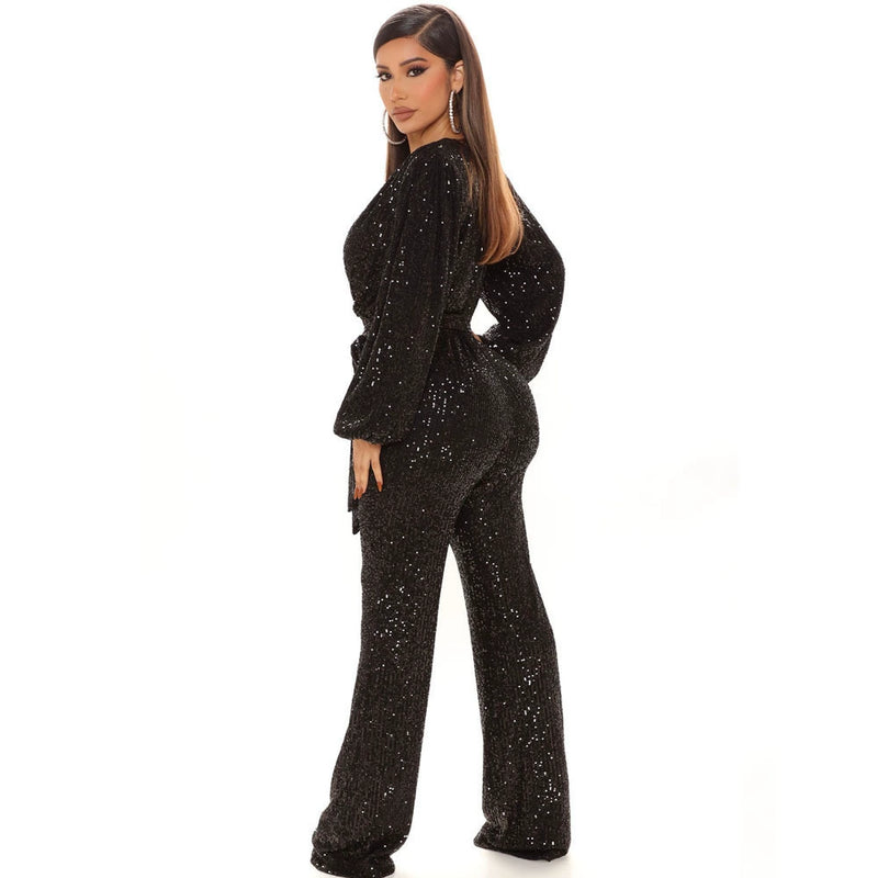 Sequin Deep V Neck Tie Up Jumpsuit GYOM 8794