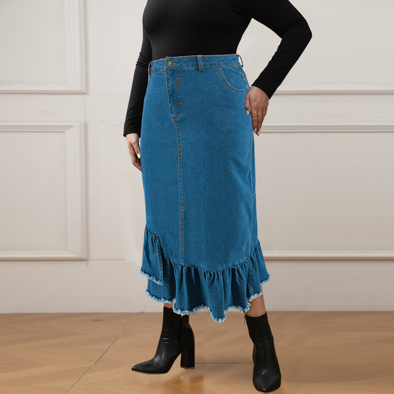 Plus Size Tassel Ruffle Denim Half Body Skirt GDAM 218633