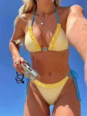 Color Block Lace Up Bikini 2 Piece Swimsuit CASF 6845