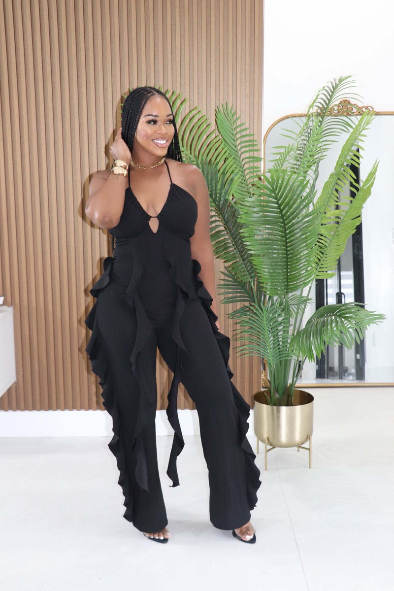 Halterneck Deep V Neck Ruffles Jumpsuit GTYZ 7626