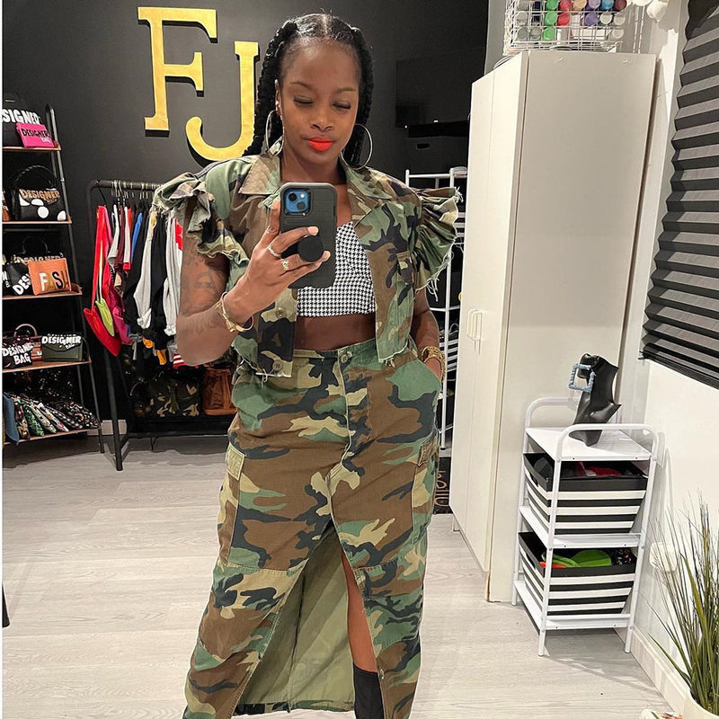 Camouflage Printed Ruffle Sleeve Jacket GNZD 9151TD