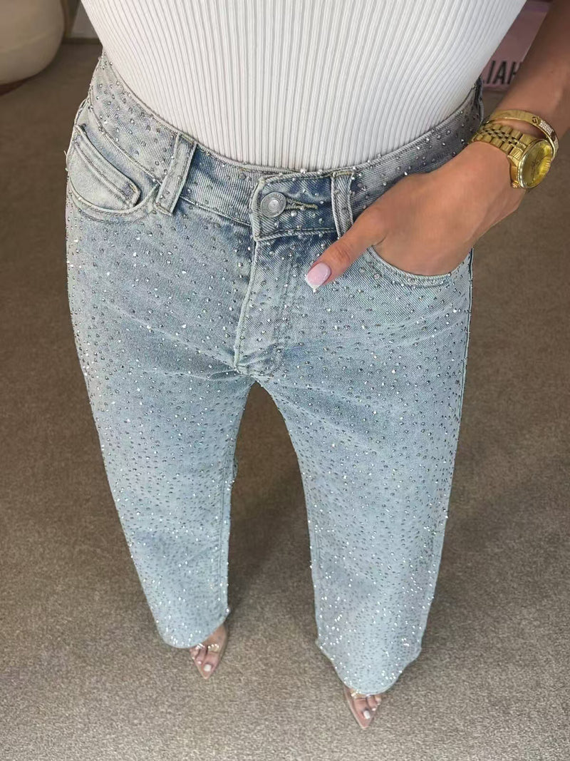 Plus Size Rhinestone Washed Straight Jeans OD 8751