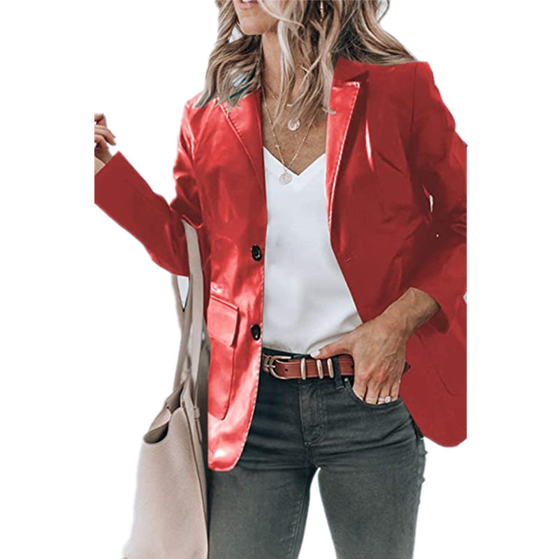 Plus Size Single Breasted Solid Color PU Leather Long Sleeve Top GYOU CX20708