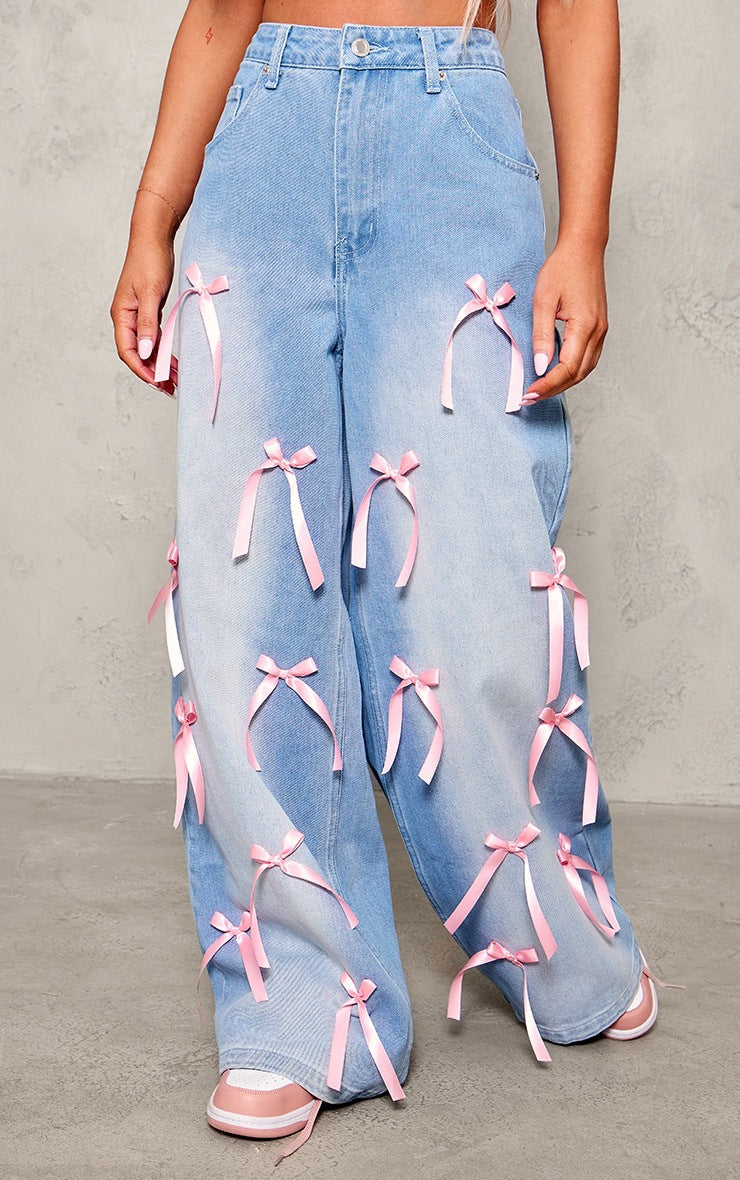 Bow Tie High Waisted Wide Leg Jeans GSMF ZC12874