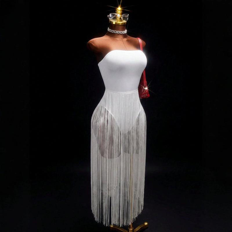 Off Shoulder Backless Tassel MaxI Dress GHYX TXY5493