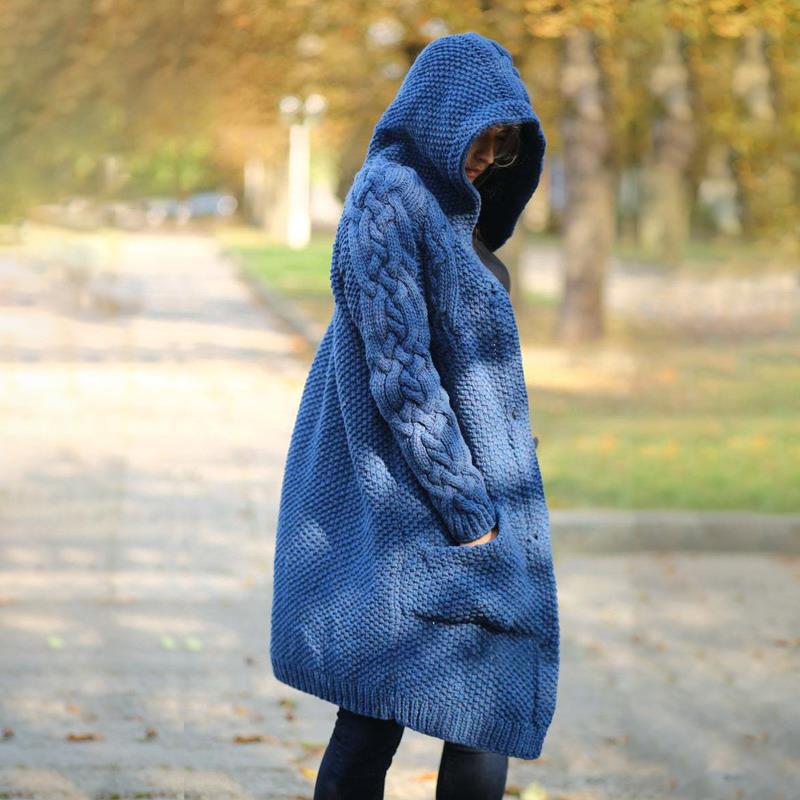 Plus Size Hooded Single Breasted Knit Long Sleeve Coat GBLH 3355